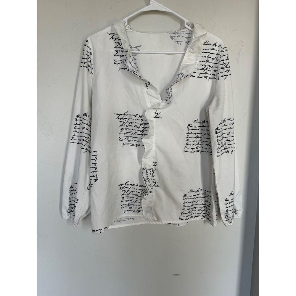 Womens White Script Print Ruffle V-Neck Blouse Long‎ Sleeve Handwriting Top